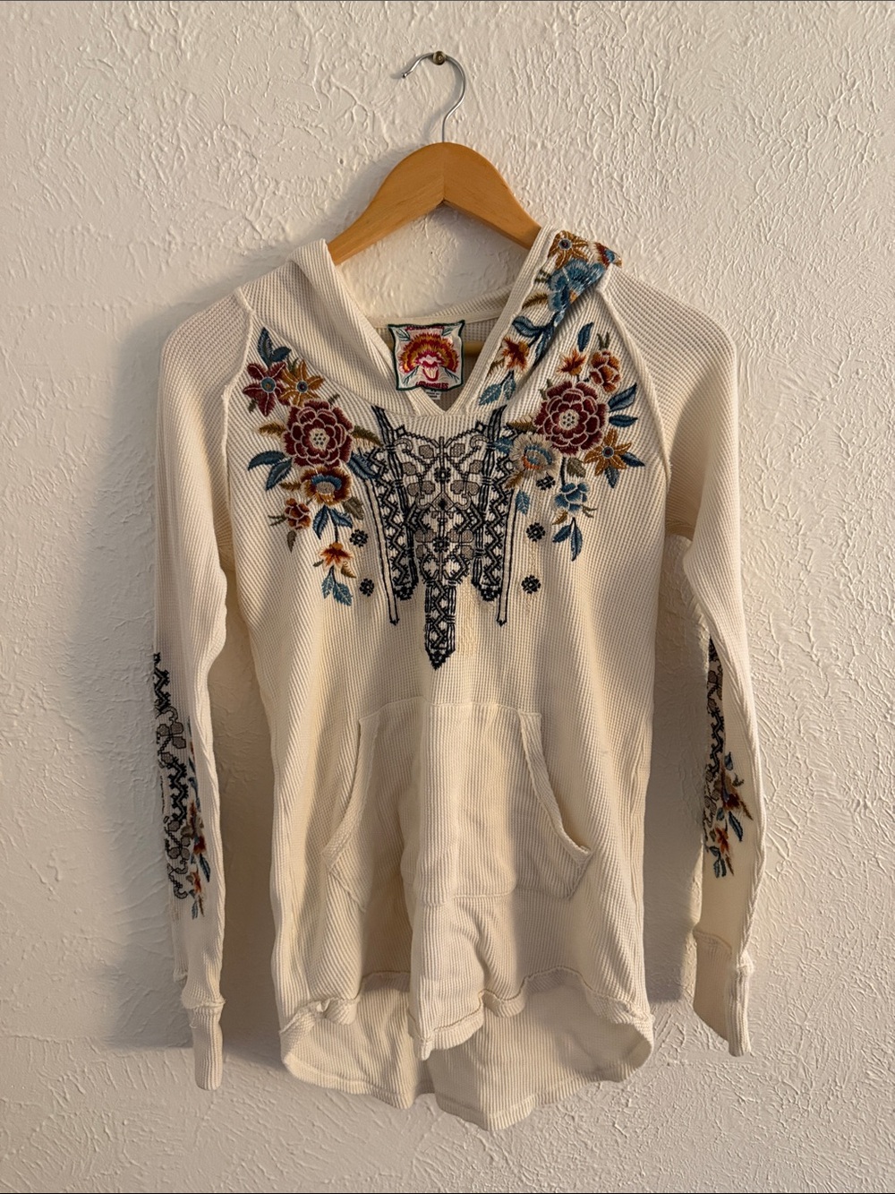 Johnny Was Cream Embroidered Hoodie with Multicolor Floral Detail